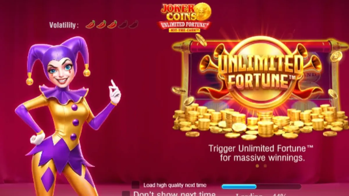 Tampilan visual slot Joker Coins Unlimited Fortune dengan tema neon dan simbol buah