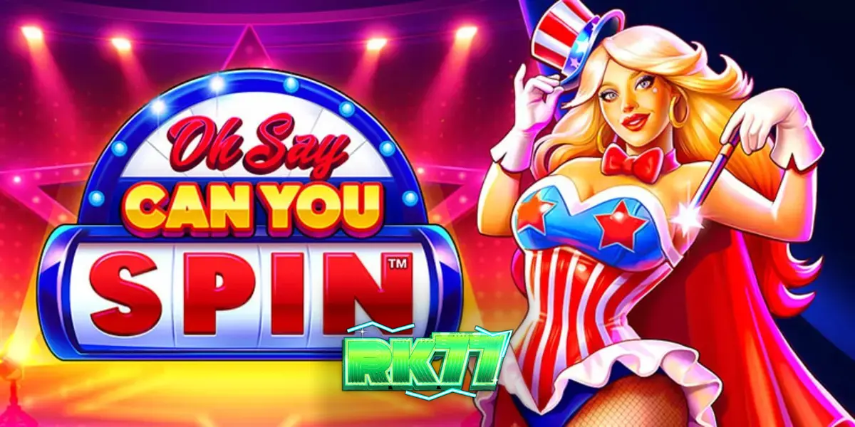 Tampilan visual slot Oh Say Can You Spin dengan tema patriotik dan lampu panggung yang cerah